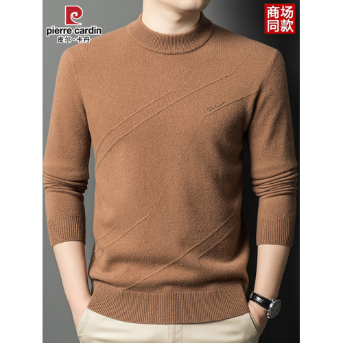 皮爾卡丹冬季男裝長袖純羊毛針織衫半高領線衣套頭加厚中年打底衫