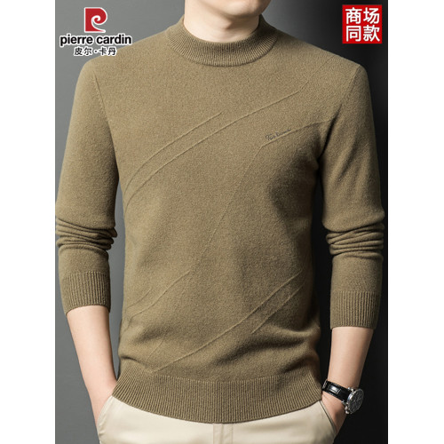 皮爾卡丹冬季男裝長袖純羊毛針織衫半高領線衣套頭加厚中年打底衫