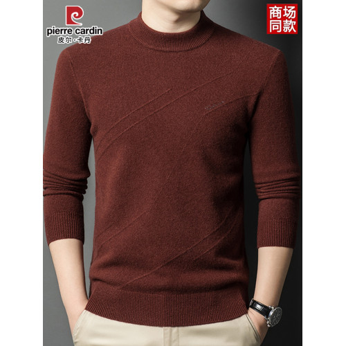 皮爾卡丹冬季男裝長袖純羊毛針織衫半高領線衣套頭加厚中年打底衫