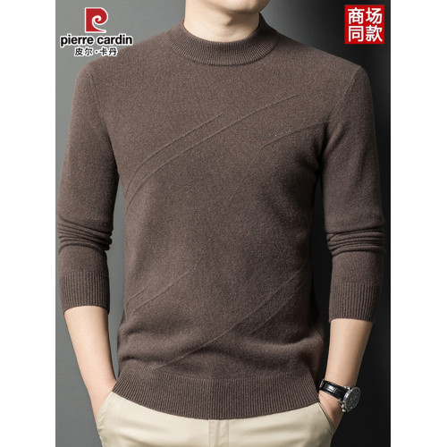 皮爾卡丹冬季男裝長袖純羊毛針織衫半高領線衣套頭加厚中年打底衫