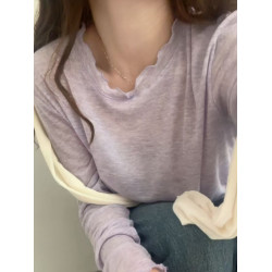 2025秋季韓版百搭木耳邊圓領長袖水溶羊毛打底衫女顯瘦內搭上衣