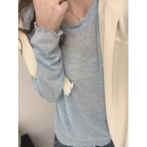 2025秋季韓版百搭木耳邊圓領長袖水溶羊毛打底衫女顯瘦內搭上衣