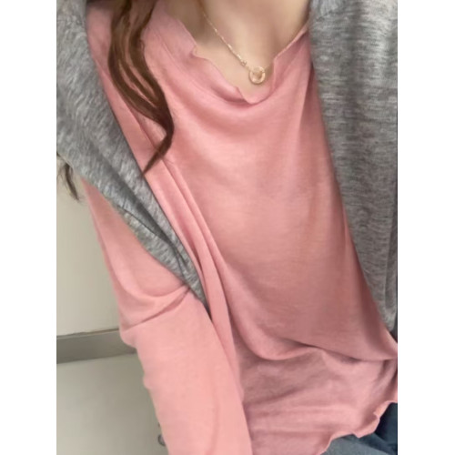 2025秋季韓版百搭木耳邊圓領長袖水溶羊毛打底衫女顯瘦內搭上衣