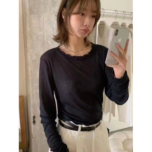 2025秋季韓版百搭木耳邊圓領長袖水溶羊毛打底衫女顯瘦內搭上衣