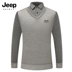 JEEP吉普加絨加厚毛衣男假兩件休閒裝保暖打底衫中老年大碼毛線衣