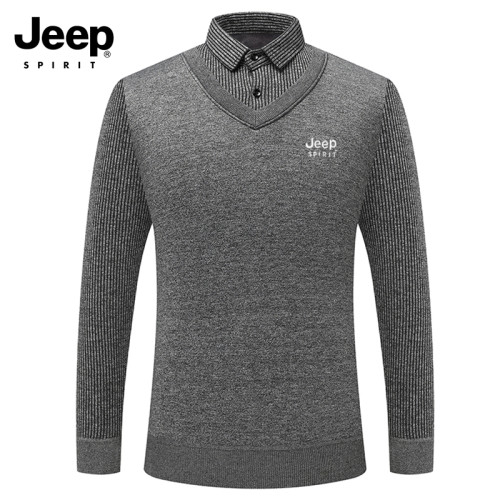 JEEP吉普加絨加厚毛衣男假兩件休閒裝保暖打底衫中老年大碼毛線衣