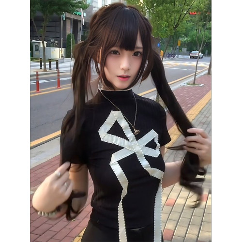 日系復古辣妹黑色高領針織衫女夏季新款修身顯瘦百搭打底衫上衣潮