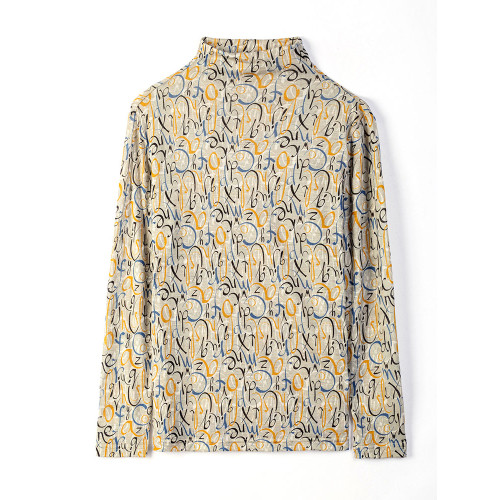 旺秋2025新款羊毛衫女100%純羊毛印花高領精紡超細薄款針織打底衫