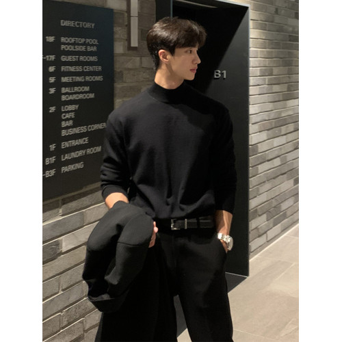 2025春秋季韓版潮流半高領針織衫毛衣男慵懶高級感中領寬松打底衫