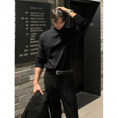 2025春秋季韓版潮流半高領針織衫毛衣男慵懶高級感中領寬松打底衫