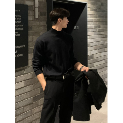 2025春秋季韓版潮流半高領針織衫毛衣男慵懶高級感中領寬松打底衫