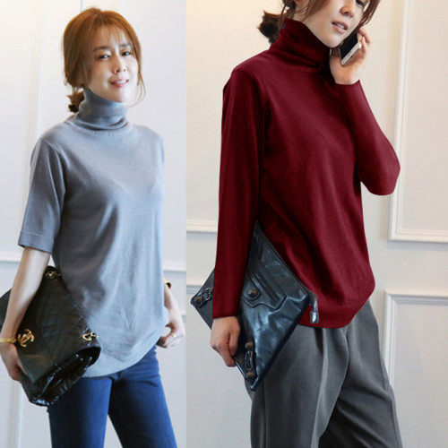 秋冬新款經典高領五分袖毛針織打底衫寬松修身純色大碼半袖女上衣