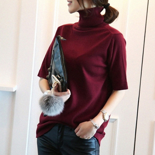 秋冬新款經典高領五分袖毛針織打底衫寬松修身純色大碼半袖女上衣