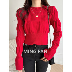 2025年新款女裝秋冬季圓領泡泡袖針織打底衫麻花保暖毛衣內搭上衣