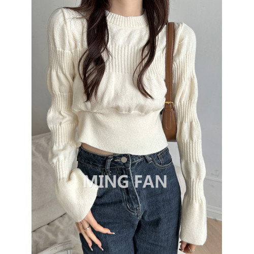 2025年新款女裝秋冬季圓領泡泡袖針織打底衫麻花保暖毛衣內搭上衣