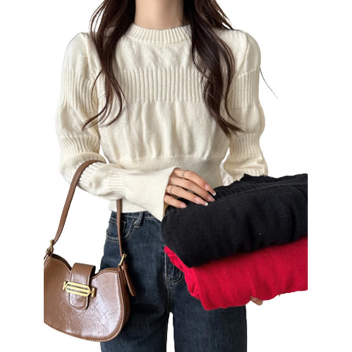 2025年新款女裝秋冬季圓領泡泡袖針織打底衫麻花保暖毛衣內搭上衣