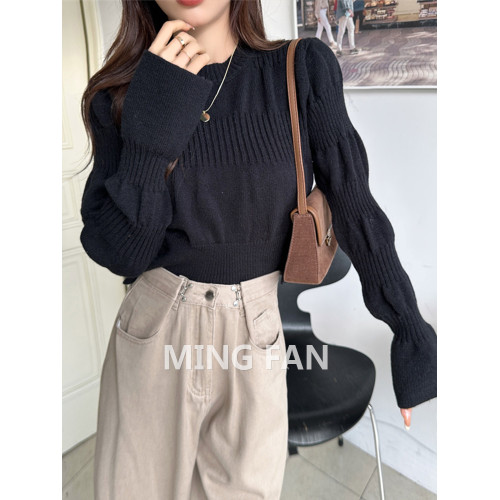 2025年新款女裝秋冬季圓領泡泡袖針織打底衫麻花保暖毛衣內搭上衣