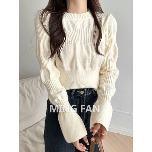 2025年新款女裝秋冬季圓領泡泡袖針織打底衫麻花保暖毛衣內搭上衣