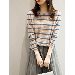 彩虹條紋針織衫女春秋新款寬松顯瘦冰絲上衣百搭洋氣長袖打底衫潮