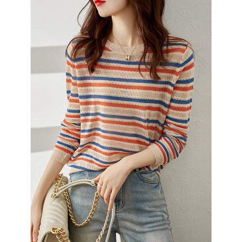 彩虹條紋針織衫女春秋新款寬松顯瘦冰絲上衣百搭洋氣長袖打底衫潮
