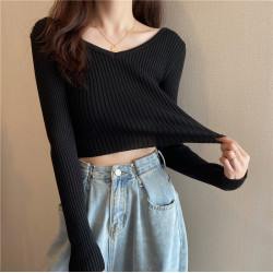 潮牌春秋辣妹白色短款上衣女長袖修身內搭薄款高腰露臍針織打底衫