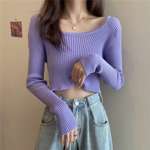 潮牌春秋辣妹白色短款上衣女長袖修身內搭薄款高腰露臍針織打底衫