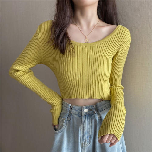 潮牌春秋辣妹白色短款上衣女長袖修身內搭薄款高腰露臍針織打底衫