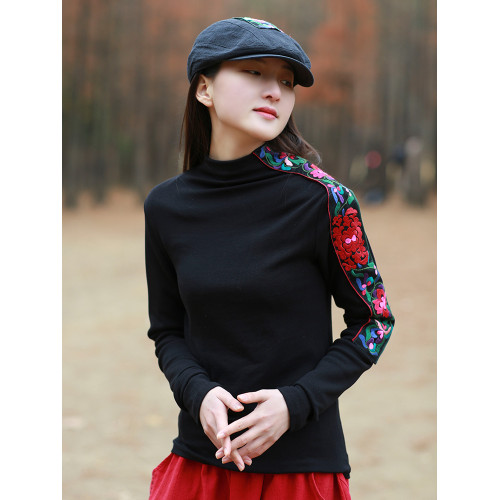 讀你原創民族風秋裝新款袖子綉花彈力針織上衣女打底衫9365