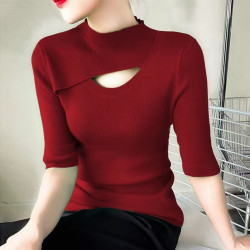 2025春秋新款歐貨設計感鏤空半高領五分袖中袖針織衫打底衫上衣女