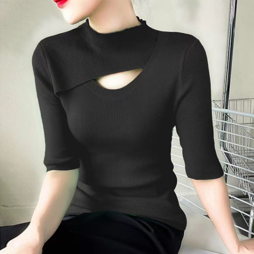 2025春秋新款歐貨設計感鏤空半高領五分袖中袖針織衫打底衫上衣女