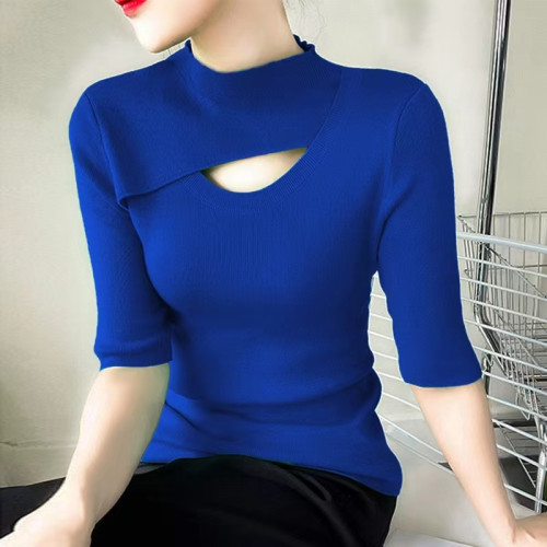 2025春秋新款歐貨設計感鏤空半高領五分袖中袖針織衫打底衫上衣女