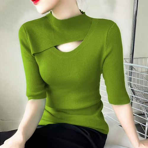 2025春秋新款歐貨設計感鏤空半高領五分袖中袖針織衫打底衫上衣女