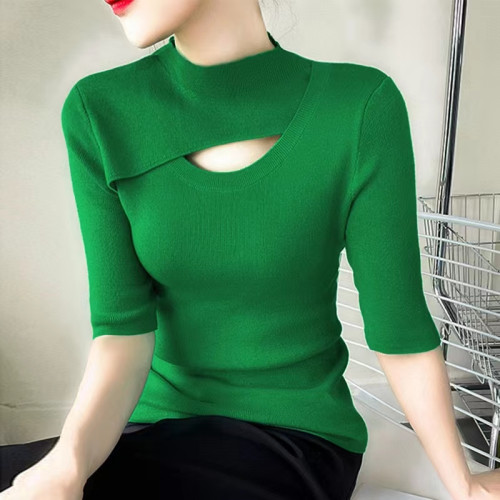 2025春秋新款歐貨設計感鏤空半高領五分袖中袖針織衫打底衫上衣女