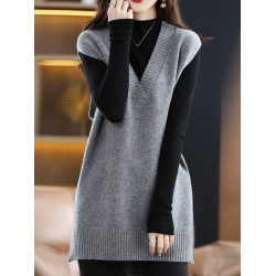 秋冬新款羊絨針織衫女V領套頭中長款韓版純色馬甲純羊毛打底衫