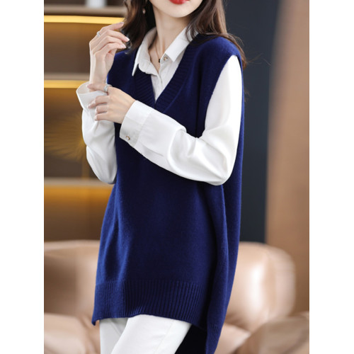 秋冬新款羊絨針織衫女V領套頭中長款韓版純色馬甲純羊毛打底衫