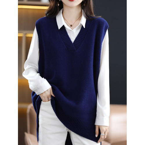 秋冬新款羊絨針織衫女V領套頭中長款韓版純色馬甲純羊毛打底衫