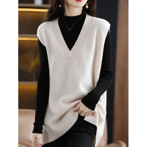 秋冬新款羊絨針織衫女V領套頭中長款韓版純色馬甲純羊毛打底衫