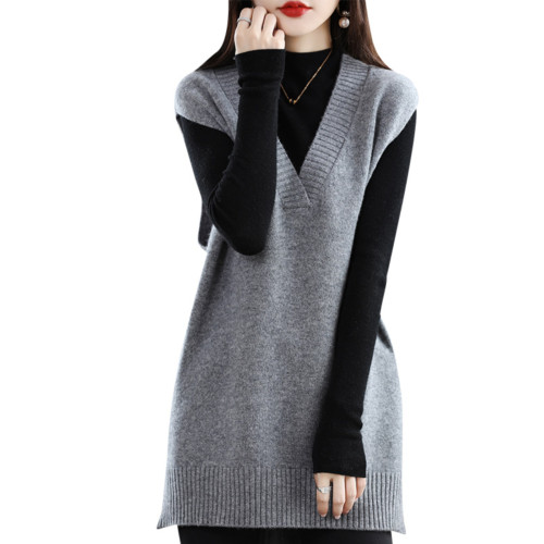 秋冬新款羊絨針織衫女V領套頭中長款韓版純色馬甲純羊毛打底衫