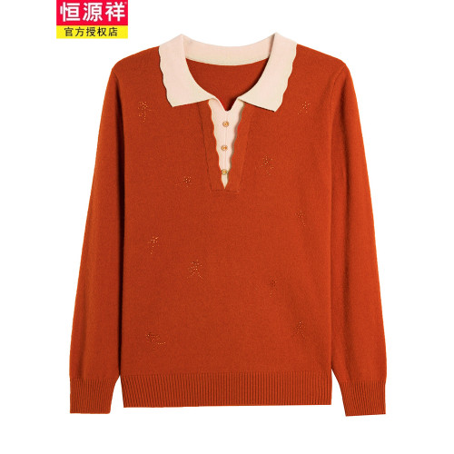 恒源祥翻領羊毛衫女秋季新款寬松大碼帶領毛衣外穿大碼針織打底衫