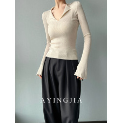 AYINGJIA 法式大V領針織衫女春內搭打底衫設計感小衆修身顯瘦上衣