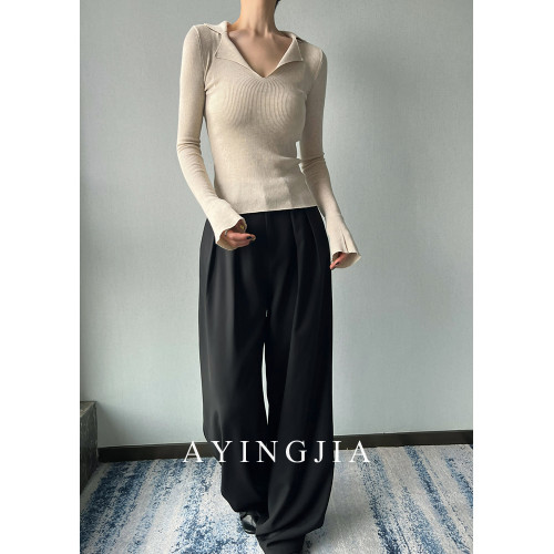 AYINGJIA 法式大V領針織衫女春內搭打底衫設計感小衆修身顯瘦上衣