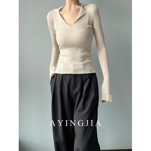 AYINGJIA 法式大V領針織衫女春內搭打底衫設計感小衆修身顯瘦上衣