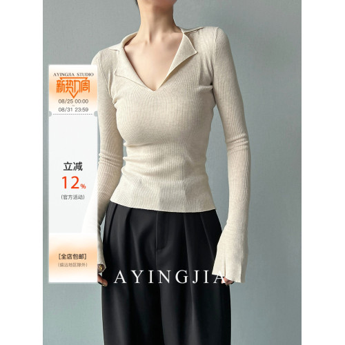 AYINGJIA 法式大V領針織衫女春內搭打底衫設計感小衆修身顯瘦上衣