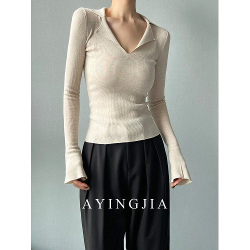 AYINGJIA 法式大V領針織衫女春內搭打底衫設計感小衆修身顯瘦上衣