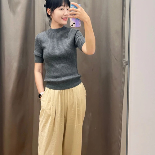 日單2024秋新款女裝羅紋針織衫顯瘦五分袖圓領套頭打底衫461033