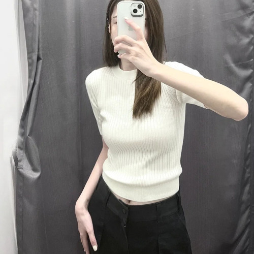 日單2024秋新款女裝羅紋針織衫顯瘦五分袖圓領套頭打底衫461033