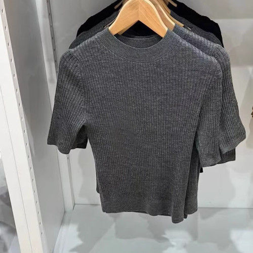 日單2024秋新款女裝羅紋針織衫顯瘦五分袖圓領套頭打底衫461033