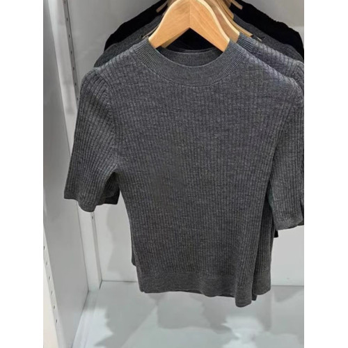 日單2024秋新款女裝羅紋針織衫顯瘦五分袖圓領套頭打底衫461033