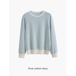 清新配色 100%棉48S 圓領針織打底衫女士條紋毛衣薄款套頭針織衫