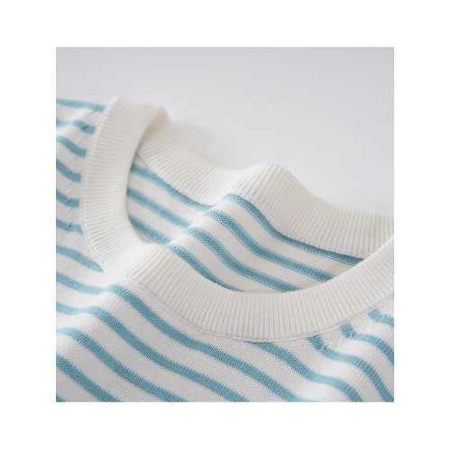 清新配色 100%棉48S 圓領針織打底衫女士條紋毛衣薄款套頭針織衫